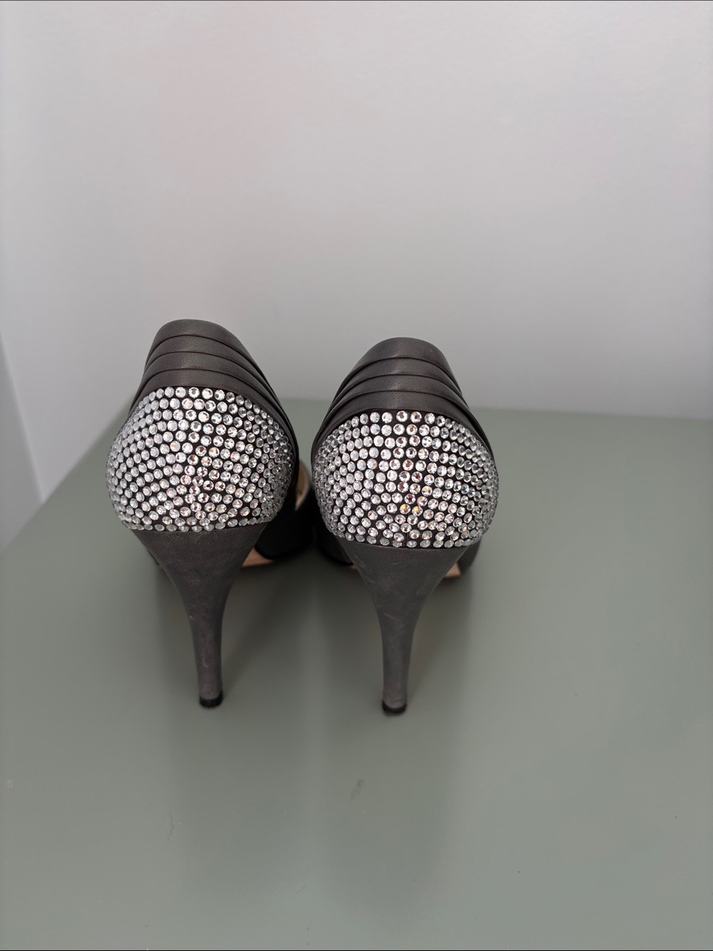 La Femme Black Heels with Rhinestone Heel Caps